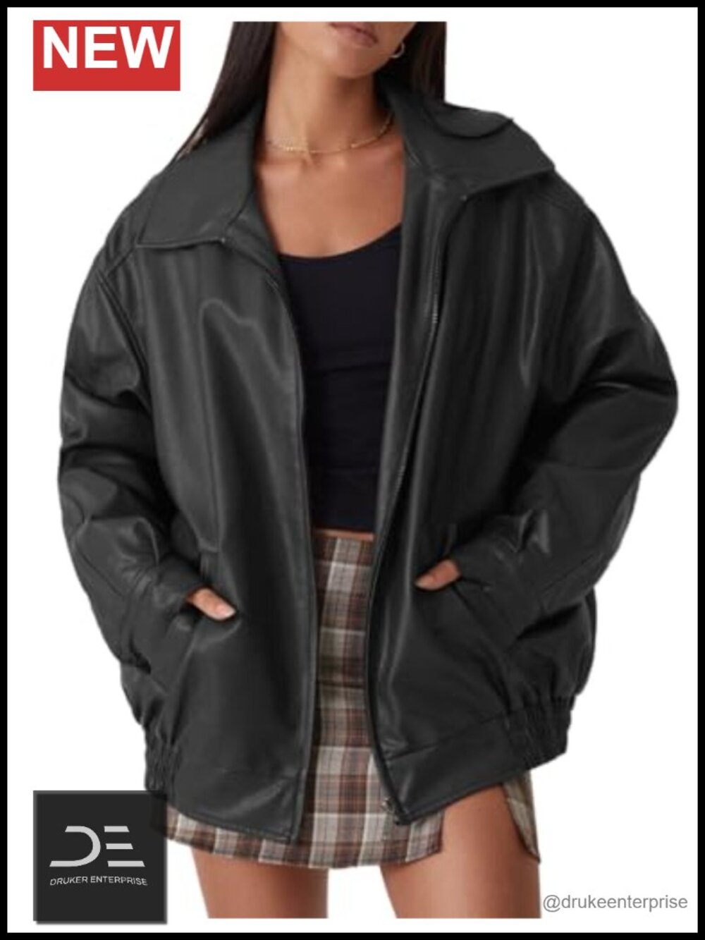 Oversized Faux Leather Moto Jacket Zip Up Biker Coat with Pockets